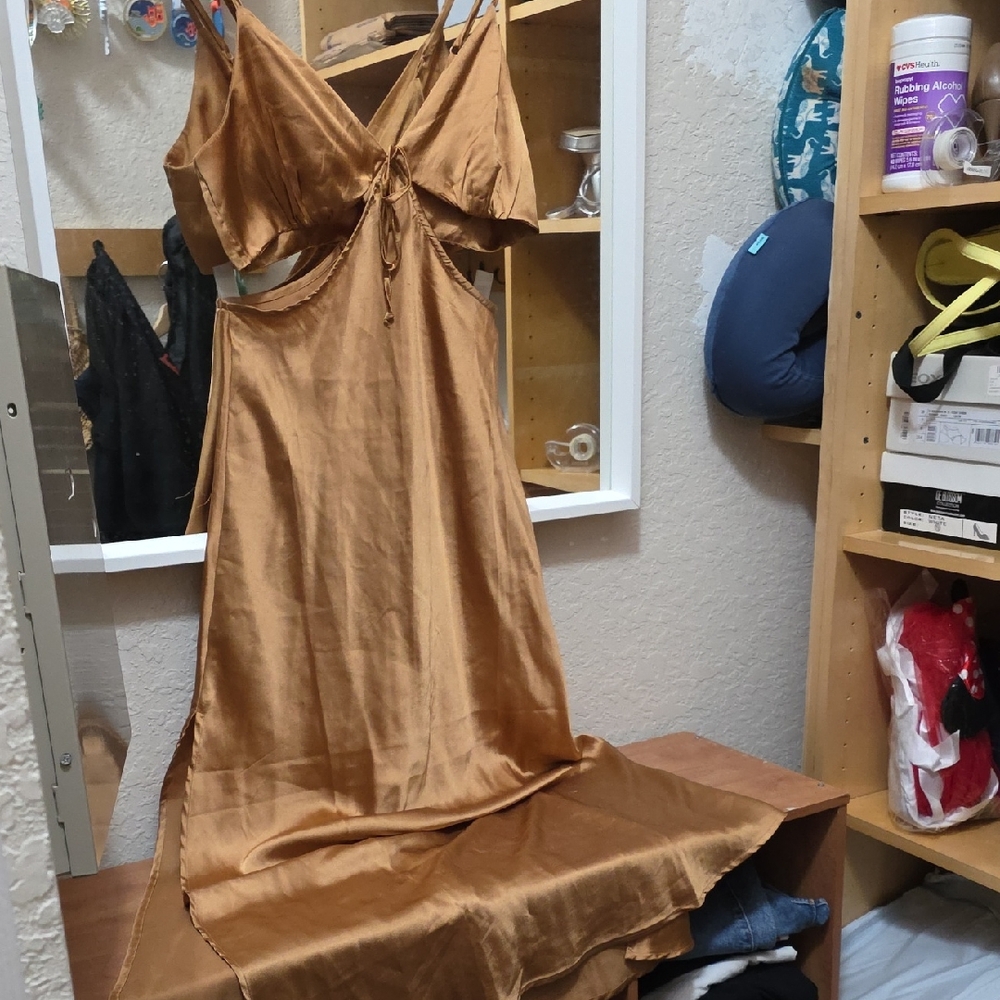 Dizzy Luxurious Tan Satin Dress Size M